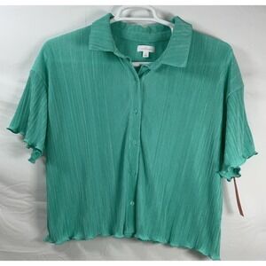 NWT Women's Colsie Button Front Short Sleeve Green Ribbed Blouse - XL‎